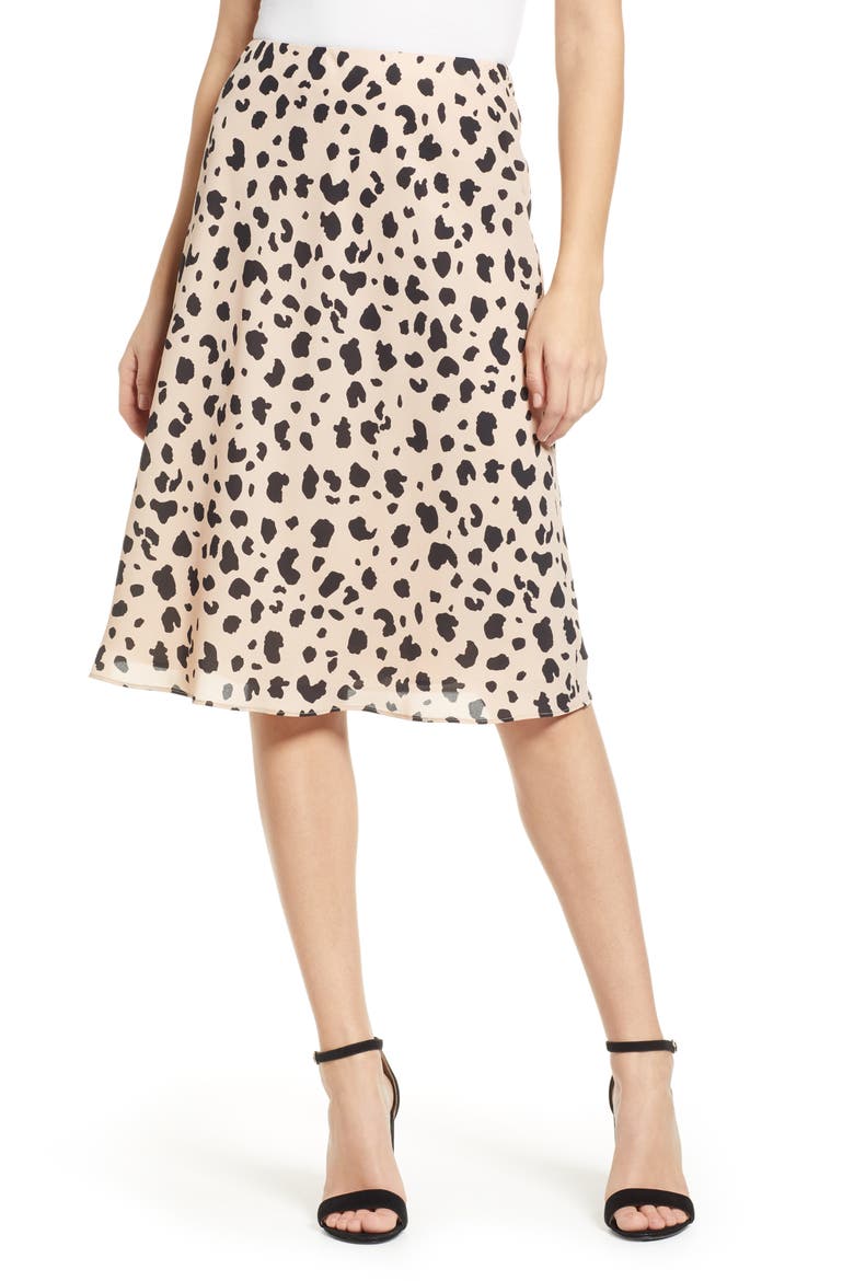 Leopard Print Midi Skirt, Main, color, KHAKI/ BLACK
