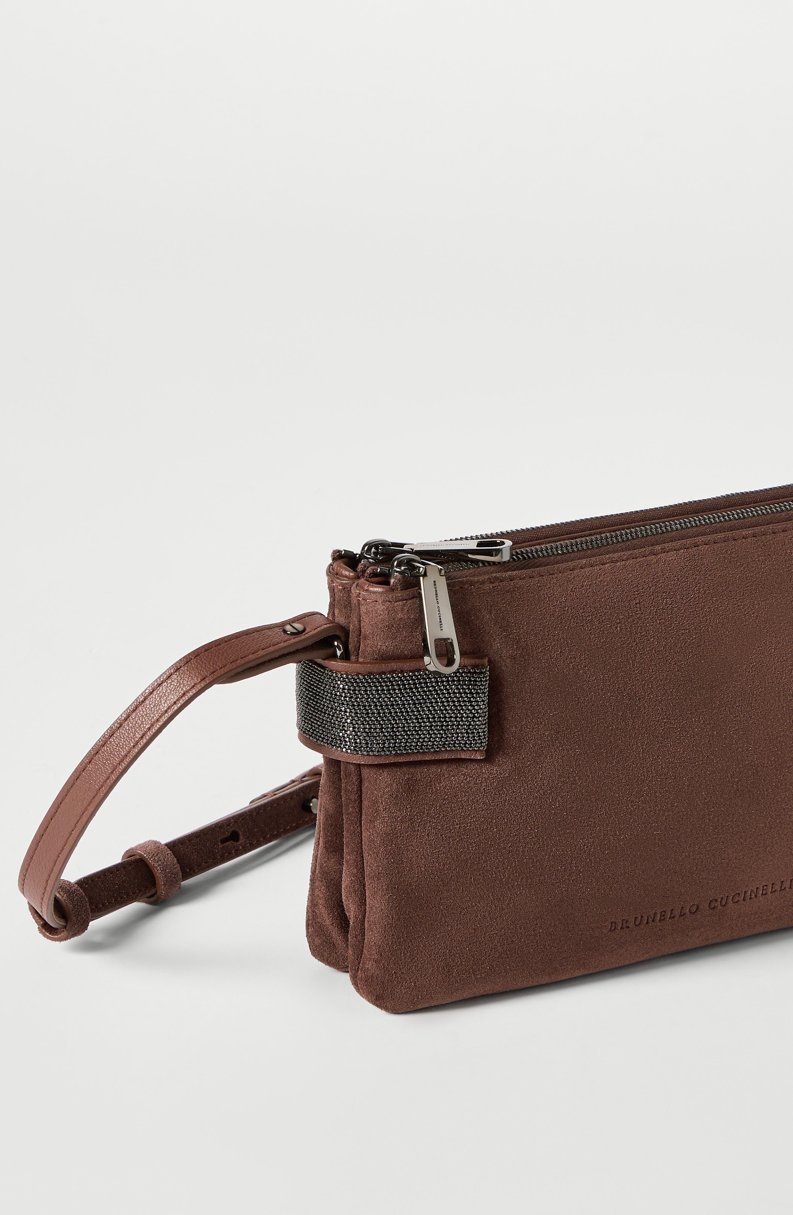 Essence mini shoulder bag in suede with precious bands, Alternate, color, Burgundy