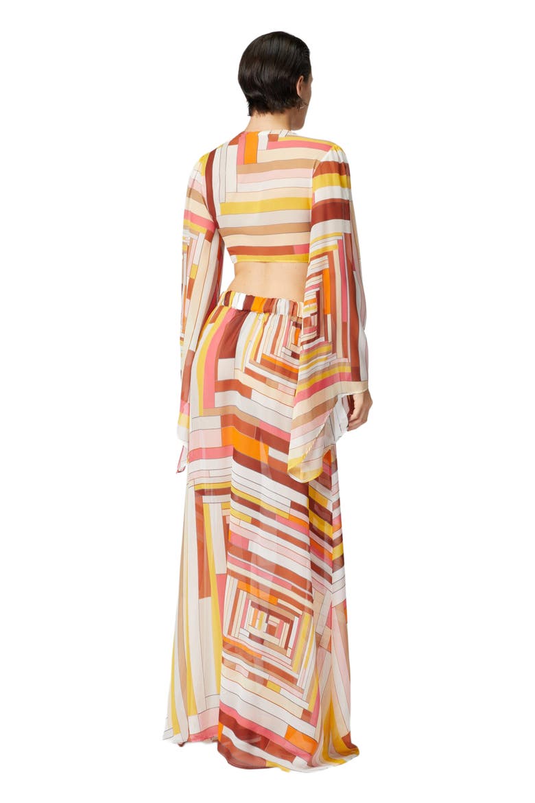 Printed Silk Crop Top With Wide Sleeves And Front Knot, Alternate, color, Multicoloured