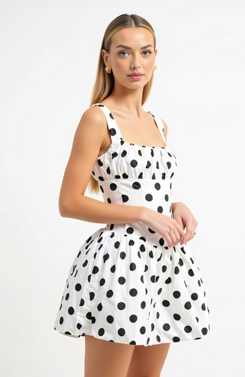 Modenaire Polka Dot Gathered Bust Flared Corset Bodice Mini Dress In White