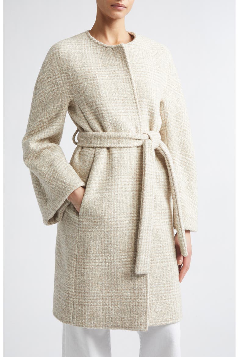 Belted Sequin Wool Blend Bouclé Coat, Alternate, color, 02 SAND