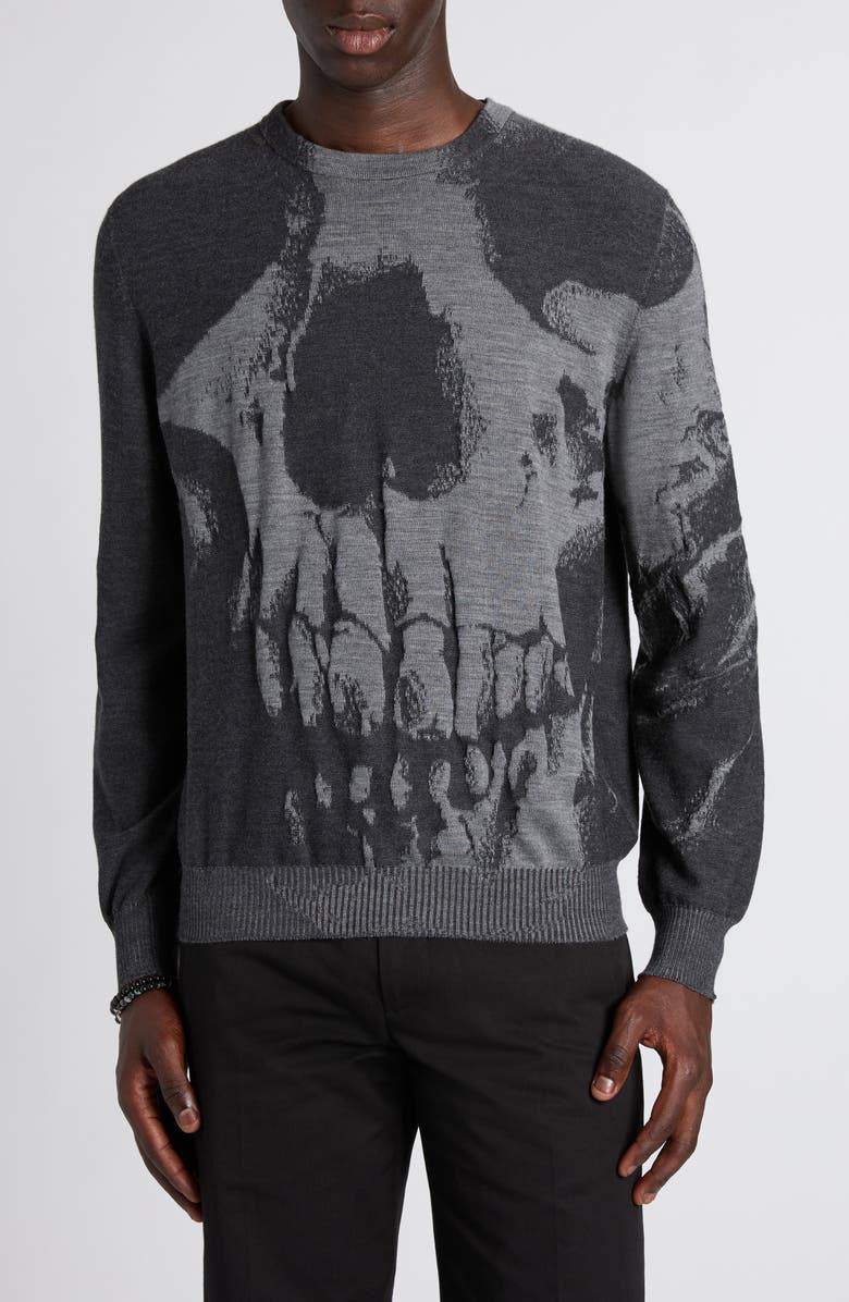 McQueen Skull Double Knit Wool Crewneck Sweater, Main, color, Grey Ml/ Charcoal