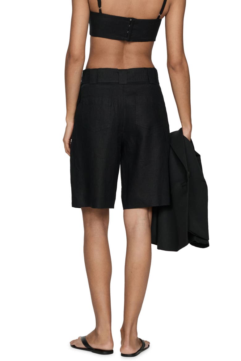 Belted Linen Bermuda Shorts, Alternate, color, BLACK