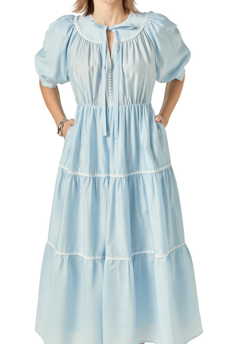 Embroidered Puff Sleeve Tiered Midi Dress, Alternate, color, POWDER BLUE/WHITE