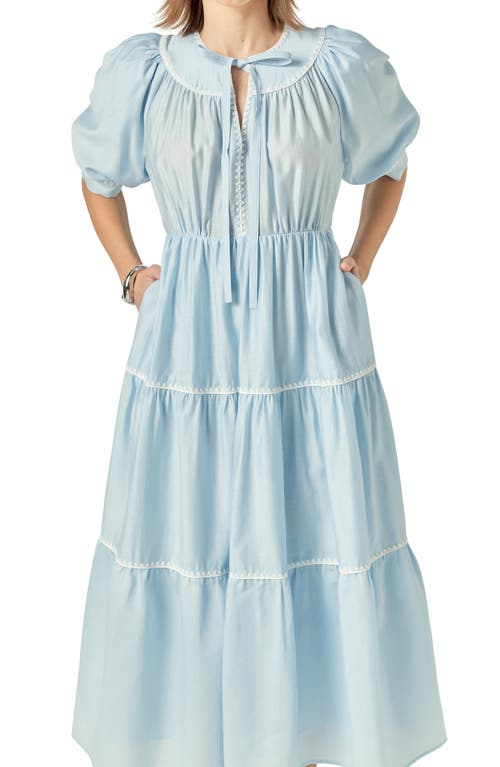 Shop English Factory Embroidered Puff Sleeve Tiered Midi Dress In Powder Blue/white