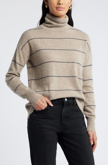 Nordstrom Cashmere Turtleneck Sweater in Beige Navy Spaced Stripe at Nordstrom Size Medium