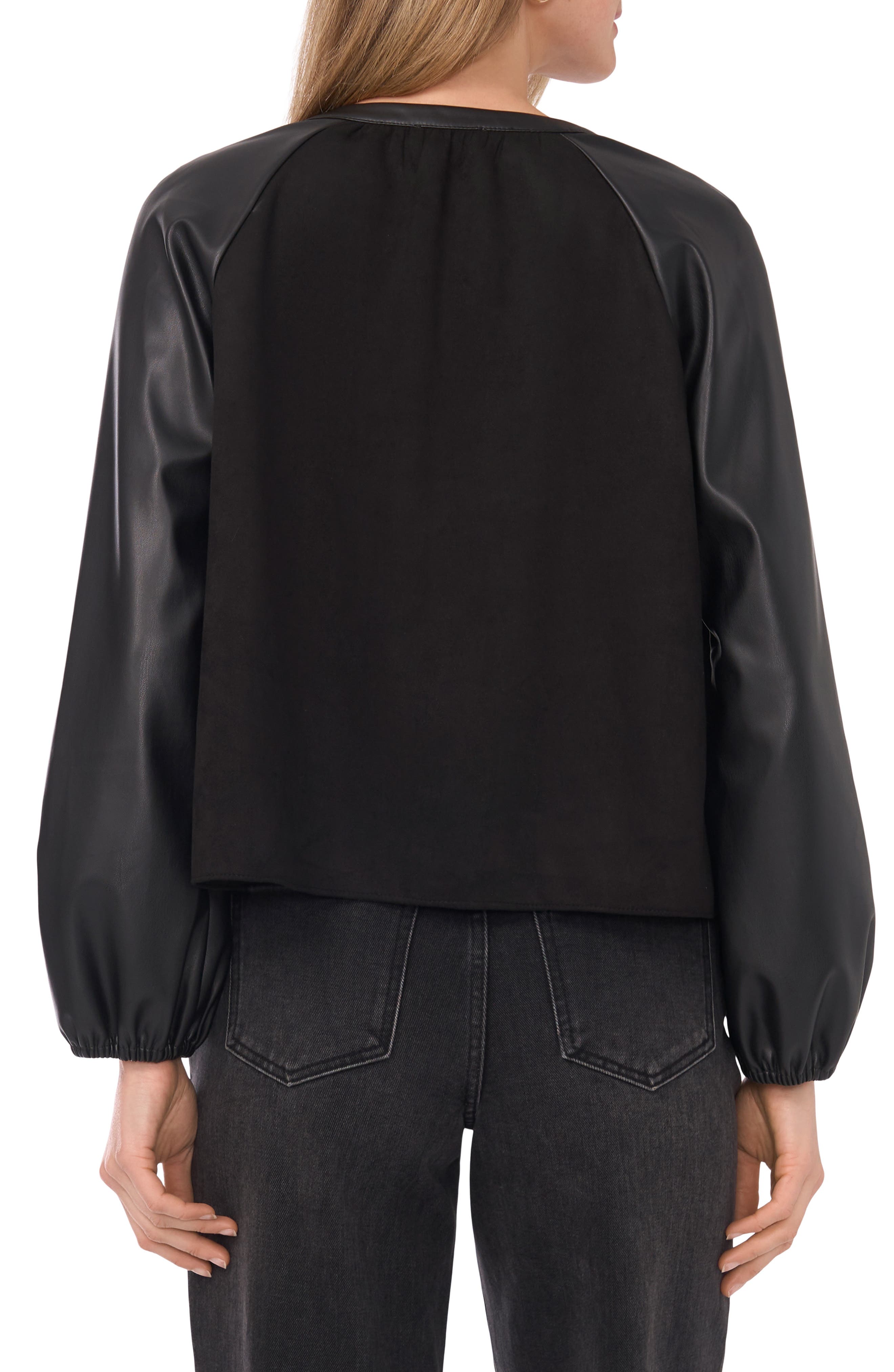 Faux Leather Sleeve Button Front Top - image 2