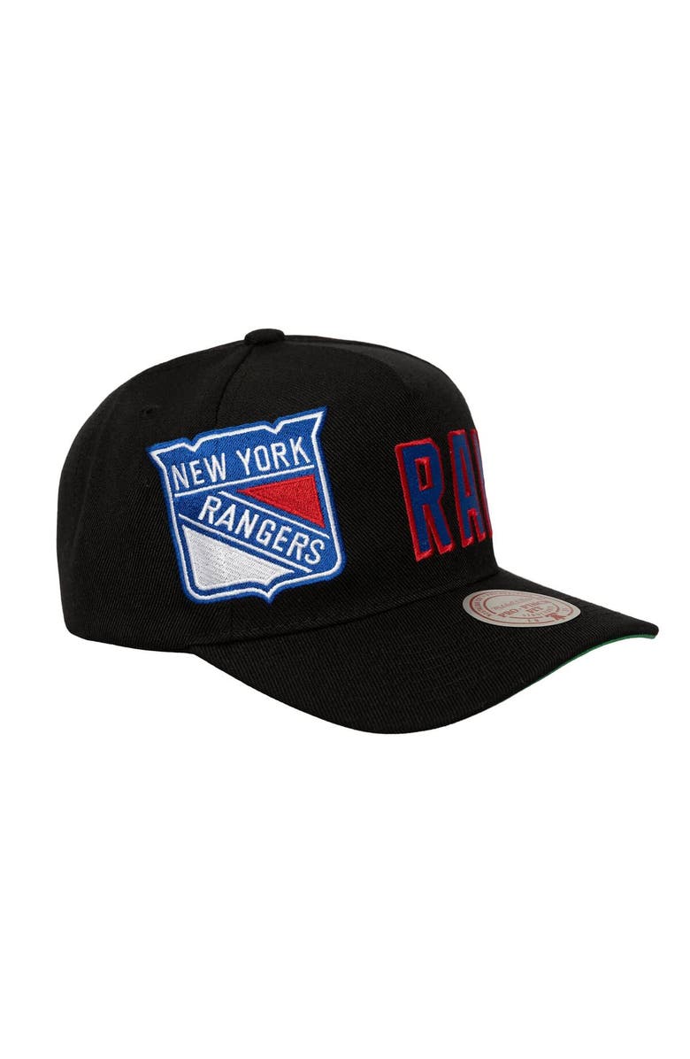 Mitchell & Ness Men's Mitchell & Ness  Black New York Rangers Busted Logo Wordmark Wrap-Around Pro Pinch Adjustable Hat, Alternate, color, Black