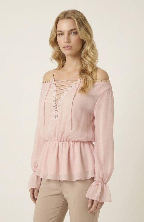 Elegant Lace-Up Peplum Blouse with Long Sleeves