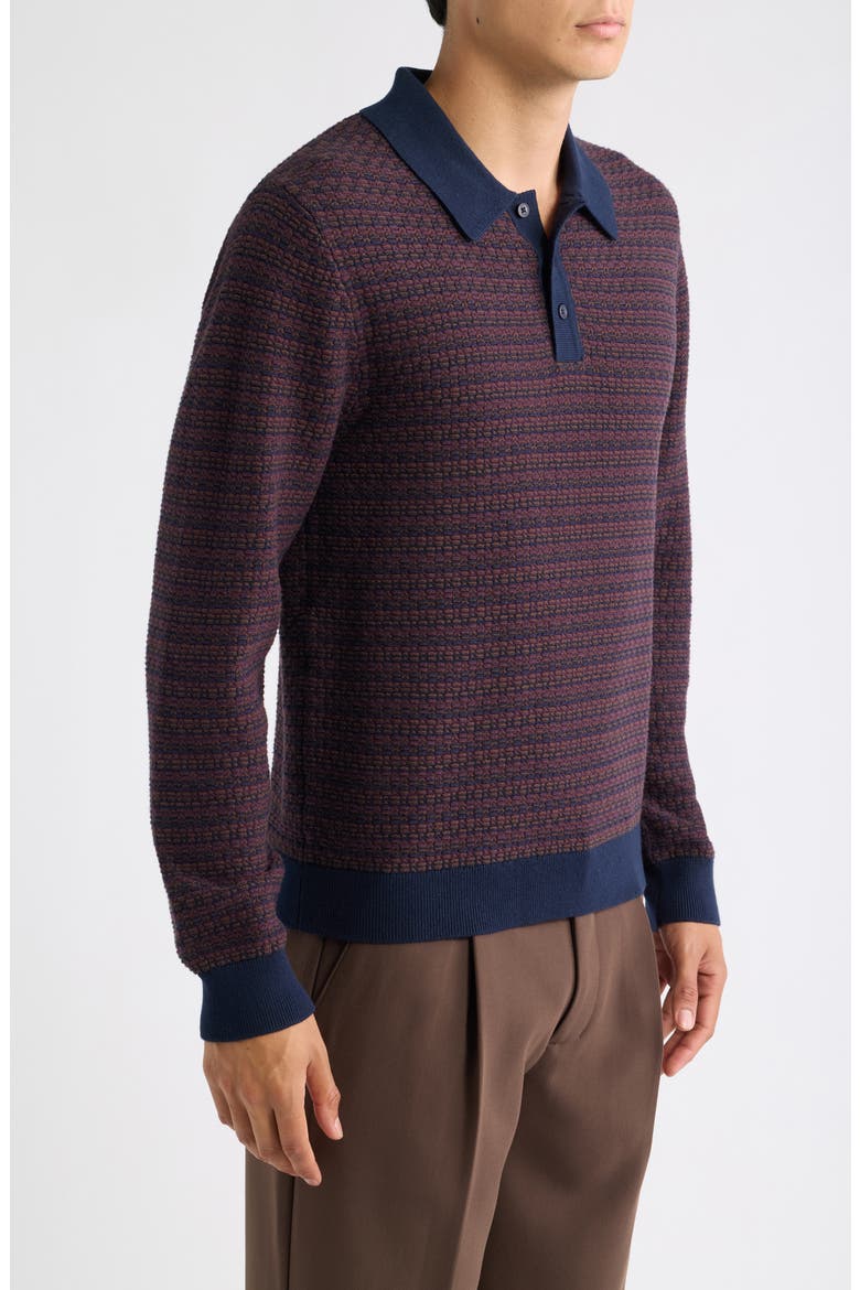 Oban Long Sleeve Mini Geometric Jacquard Polo, Alternate, color, BROWN / NAVY