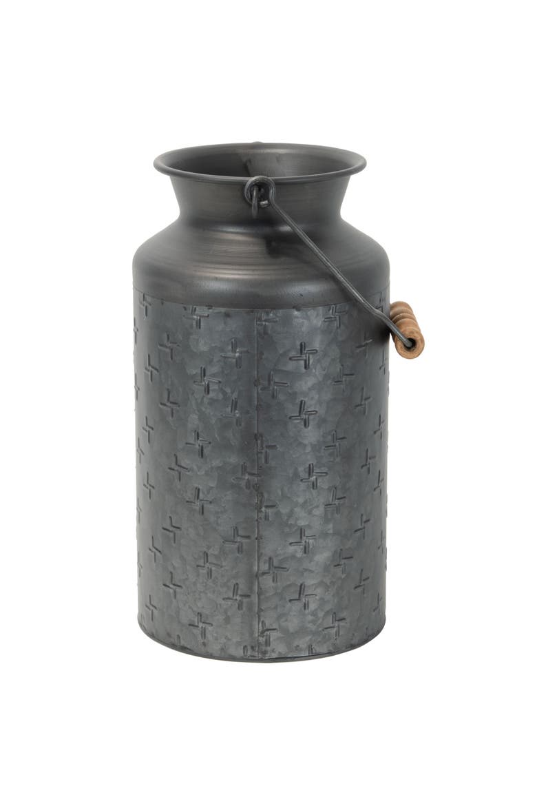 Black Galvanized Metal Decorative Vase with Wood Handle, Alternate, color, Black