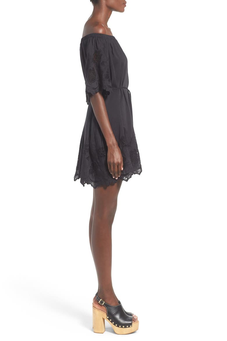 ASTR 'Alicia' Off the Shoulder Cotton & Silk Dress, Alternate, color, BLACK