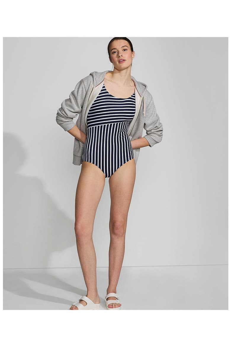 Tugless Low Leg One Piece Swimsuit, Alternate, color, Deep Sea/White Media Stripe