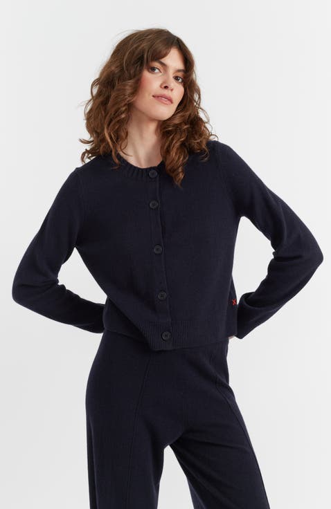 Wool Cashmere Blend Crew Neck Cropped Cardigan