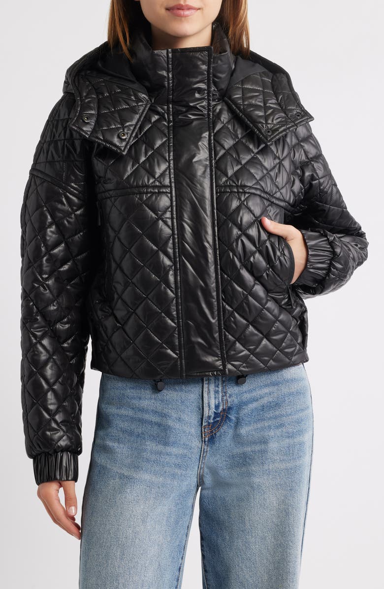 BCBGMAXAZRIA Quilted Hooded Crop Jacket, Main, color, Black