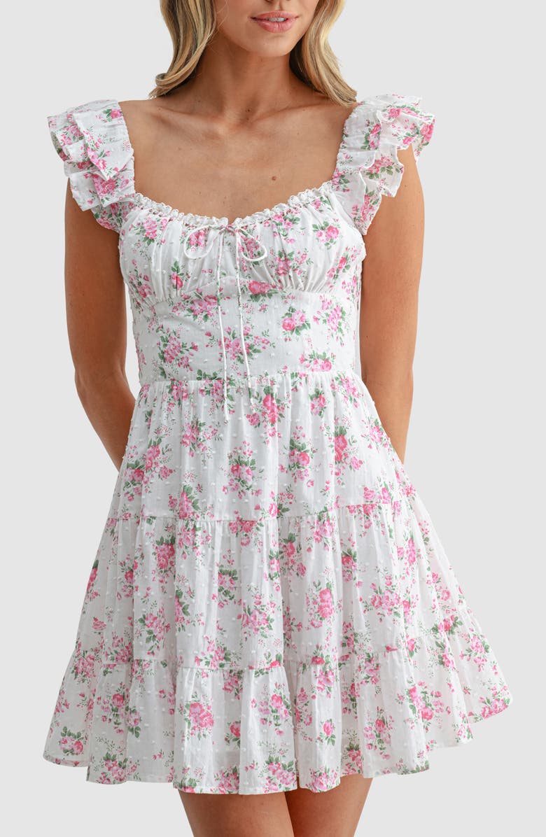 Lush Flutter Sleeve Tiered Minidress, Alternate, color, White Pink Floral