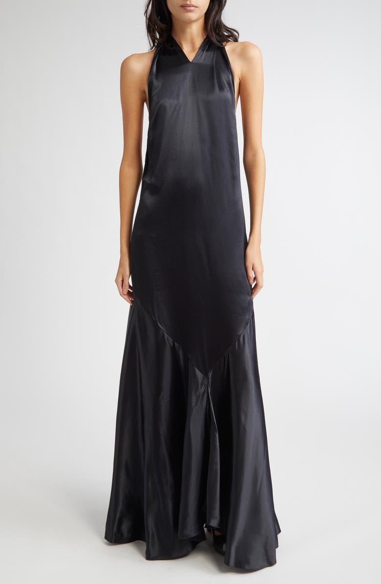 Marni Gathered Satin Halter Gown, Main, color, Black