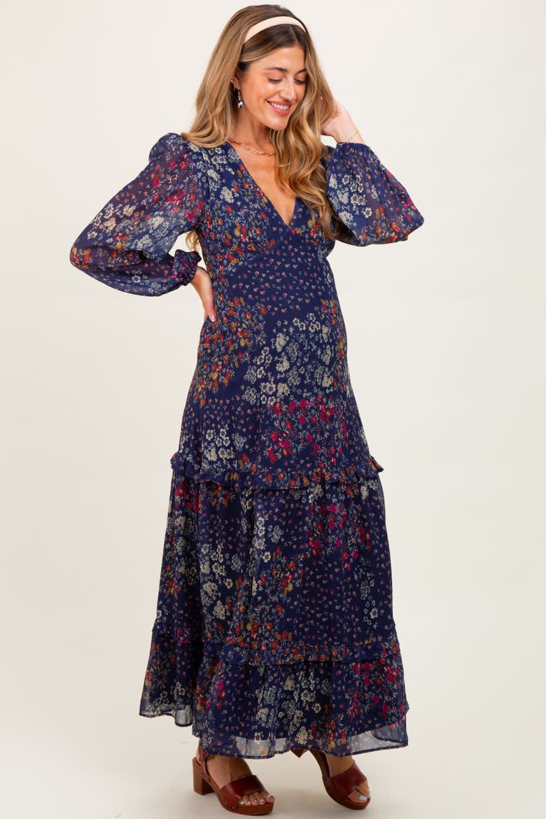 Floral Chiffon V-Neck Long Sleeve Maxi Dress, Alternate, color, Navy Blue