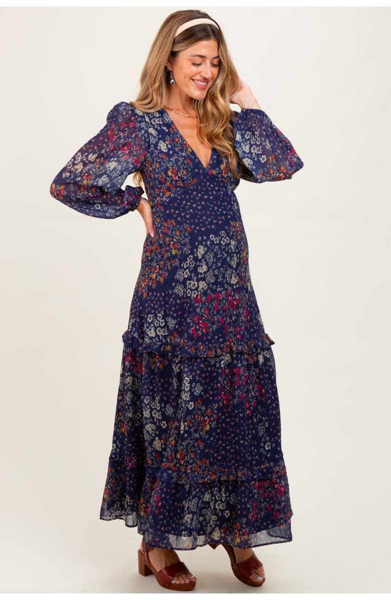 PinkBlush Floral Chiffon V-Neck Long Sleeve Maxi Dress, Alternate, color, Navy Blue