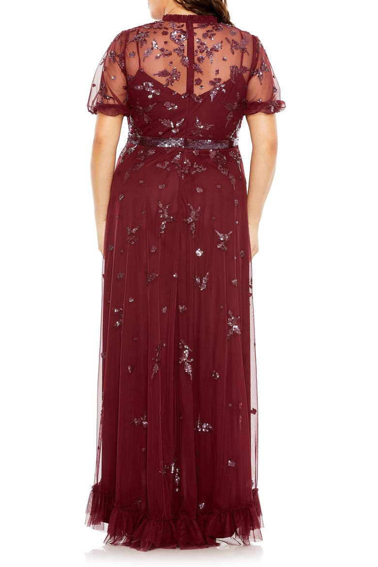 High Neck Puff Short Sleeve Embellished Faux Wrap, Alternate, color, BORDEAUX