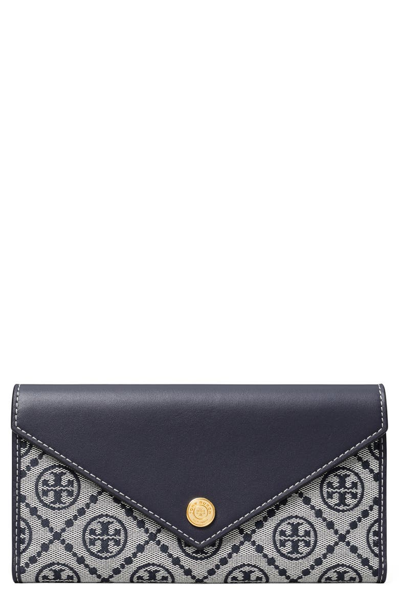 Tory Burch T Monogram Jacquard & Leather Trifold Envelope Wallet, Main, color, Tory Navy