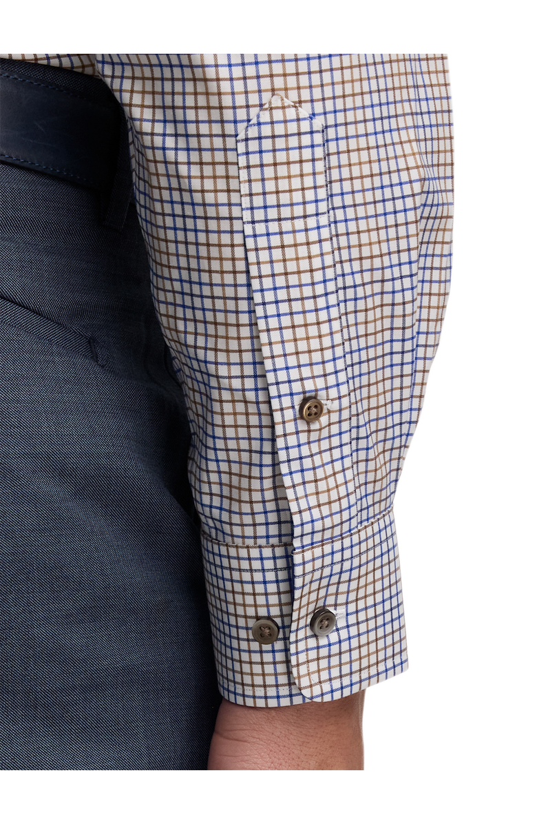 Paul Fredrick Tailored Fit Comfort Stretch Non-iron Tattersall Dress Shirt With Contrast Trim, Alternate, color, Navy/Tan