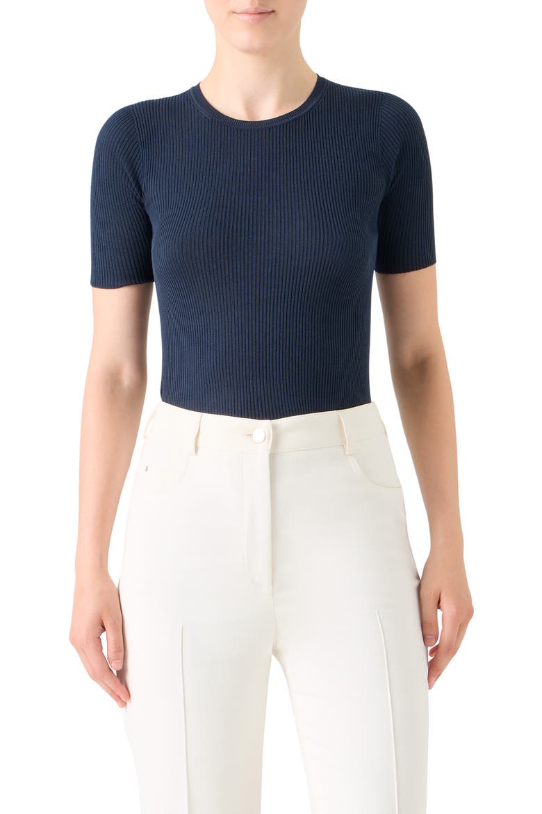 Short Sleeve Silk & Cotton Rib Sweater, Main, color, NAVY