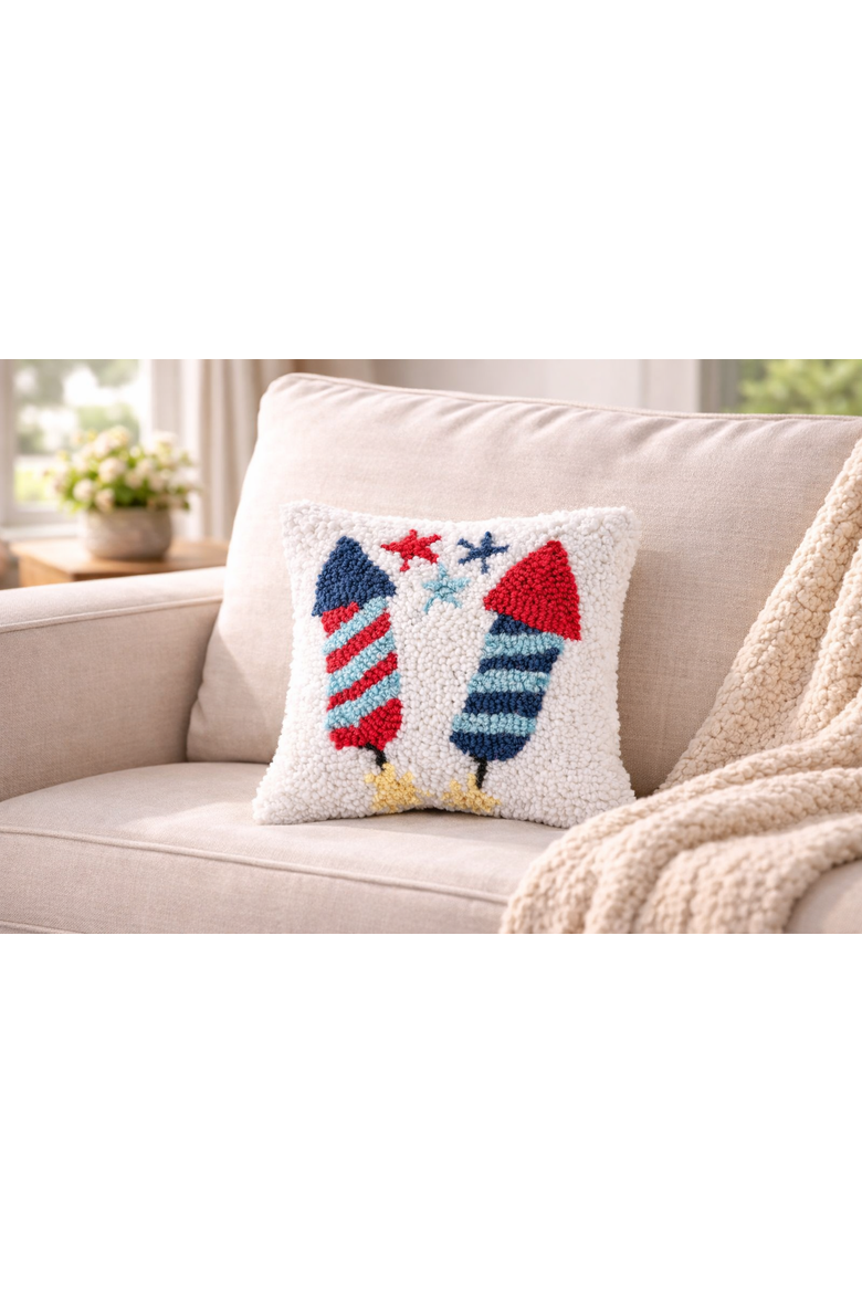 Patriotic Stars & Rocket Fireworks Hooked Mini Accent Pillow, 8" x 8", Alternate, color, White