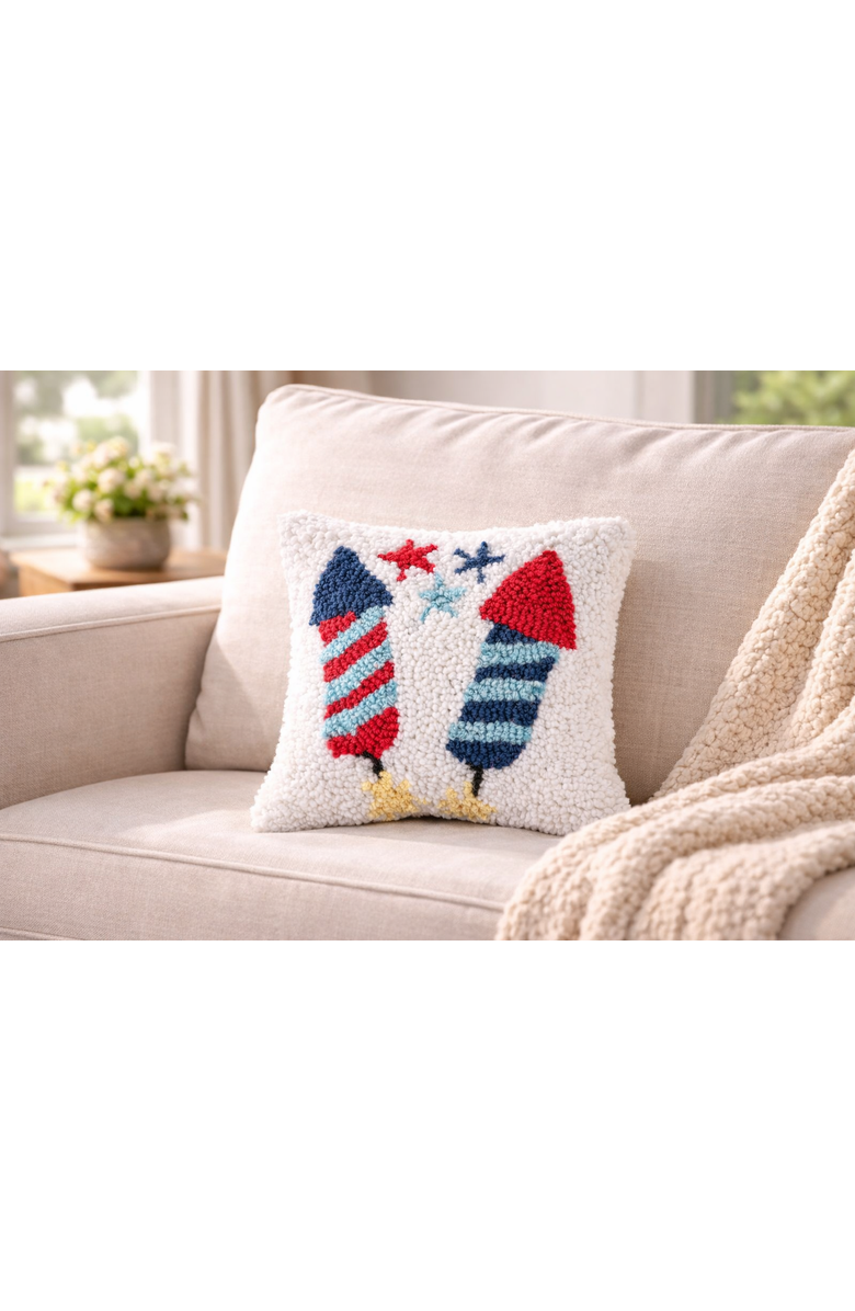 C&F Home Patriotic Stars & Rocket Fireworks Hooked Mini Accent Pillow, 8" x 8", Alternate, color, White