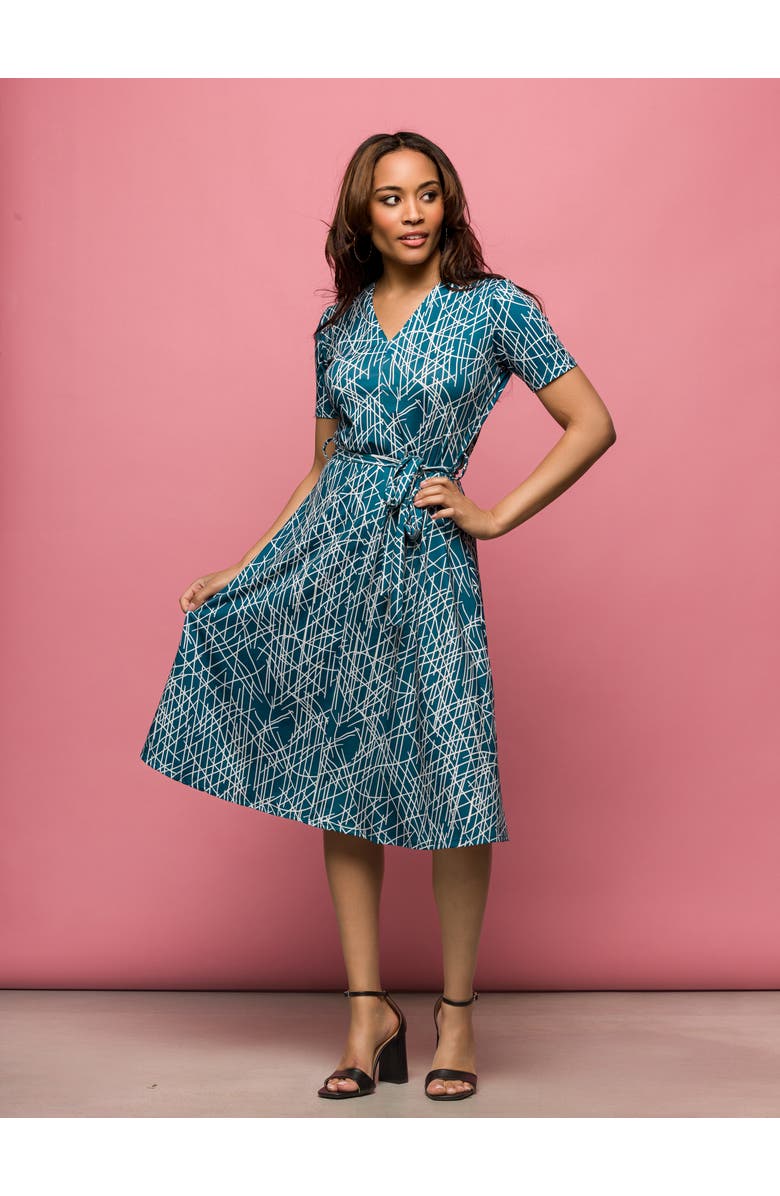 24seven Comfort Apparel Teal Print Short Sleeve Tie Waist Midi Dress, Alternate, color,