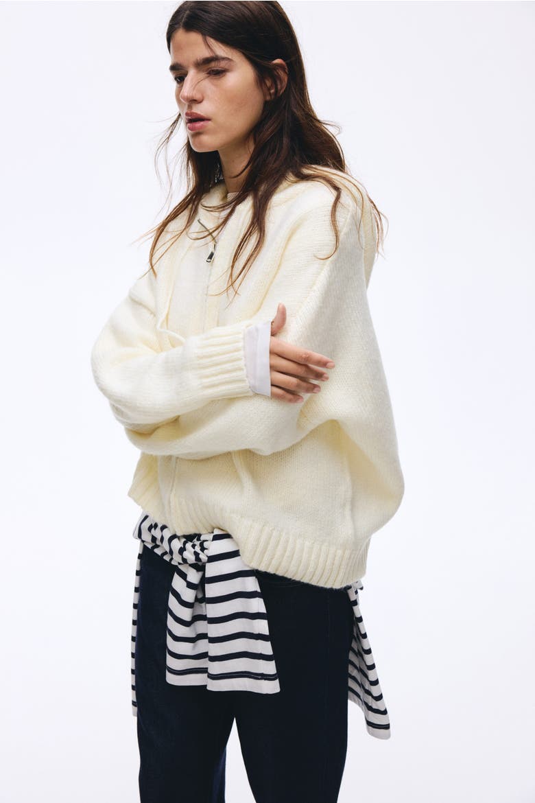 Knitted Zip-through Hoodie, Alternate, color, Cream