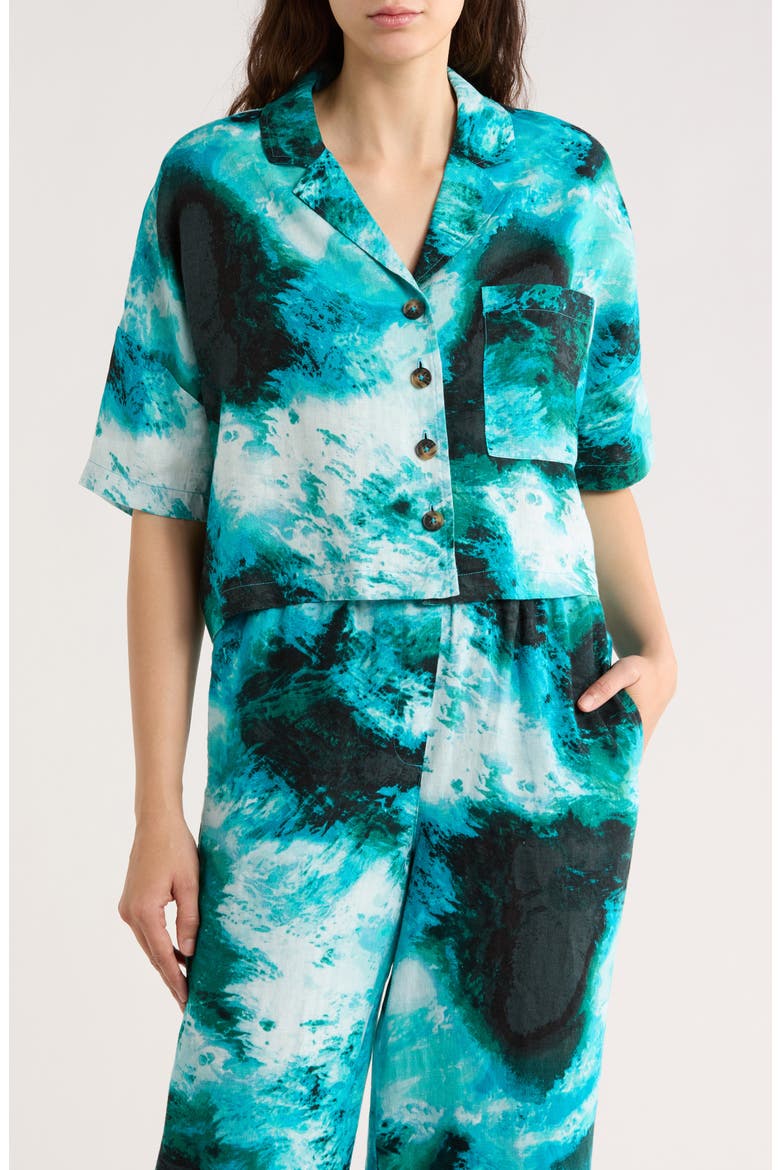 Cropped Linen Camp Shirt, Main, color, TIDAL BRUSHSTROKE