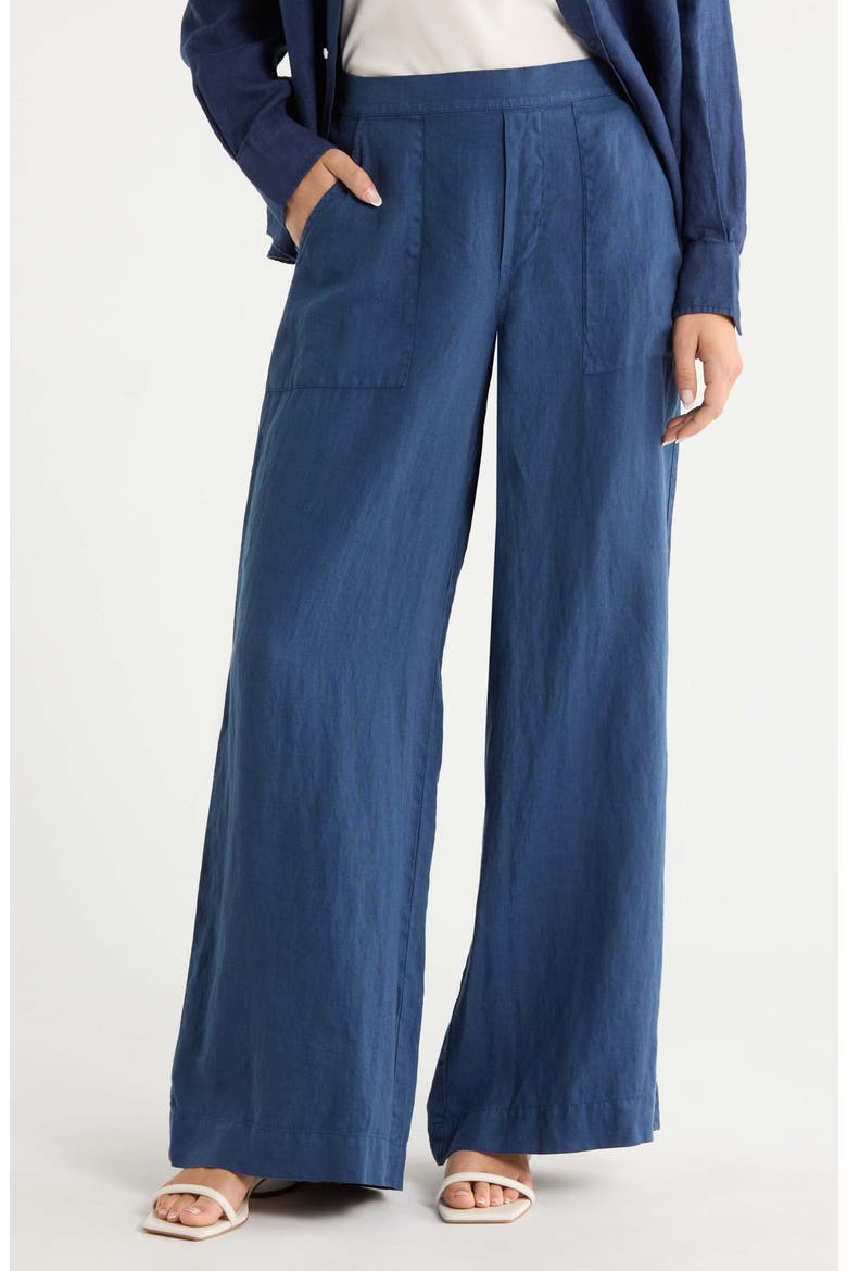 Patch Pocket Pull-On Wide Leg Linen Pants, Main, color, NAVY