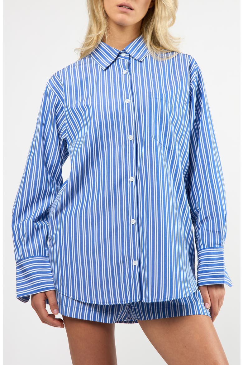Seaside Stripe Cotton Blend Button-Up Shirt, Main, color, BLUE