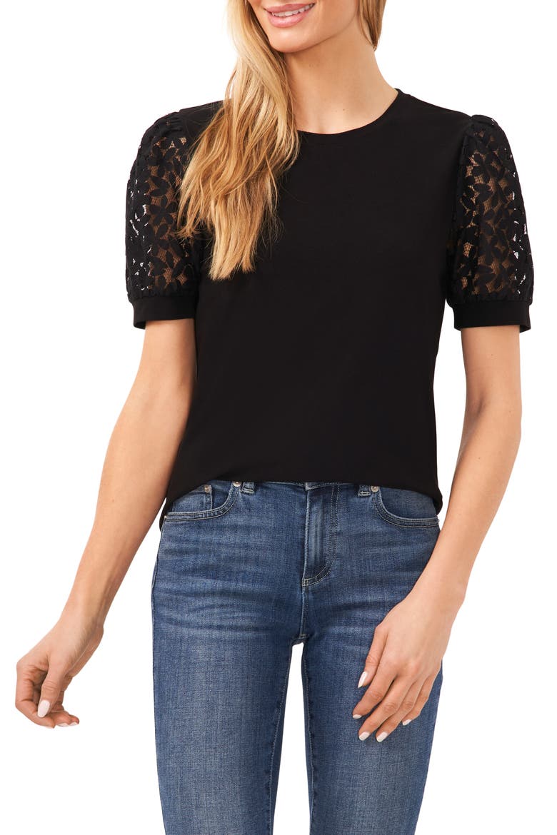 Lace Puff Sleeve Knit Top, Main, color, RICH BLACK