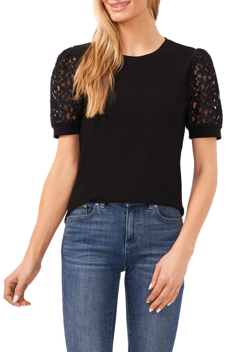 CeCe Lace Puff Sleeve Knit Top, Main, color, Rich Black