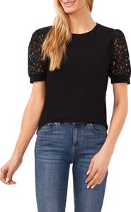 CeCe Lace Puff Sleeve Knit Top