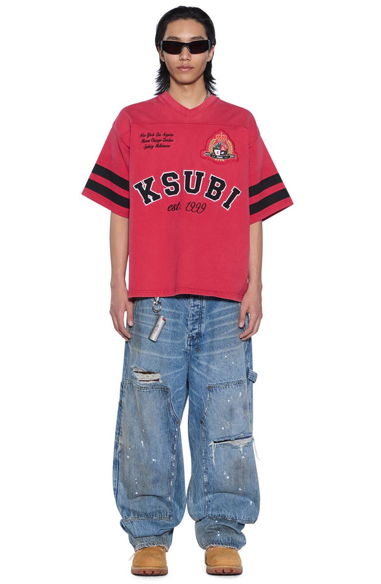 Ksubi Duke Embroidered Cotton Jersey V-Neck T-Shirt, Alternate, color, Red