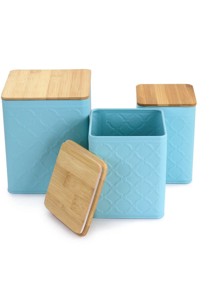 3 Piece Square Iron Kitchen Canister Set with Wood Lids, Alternate, color, Turquoise