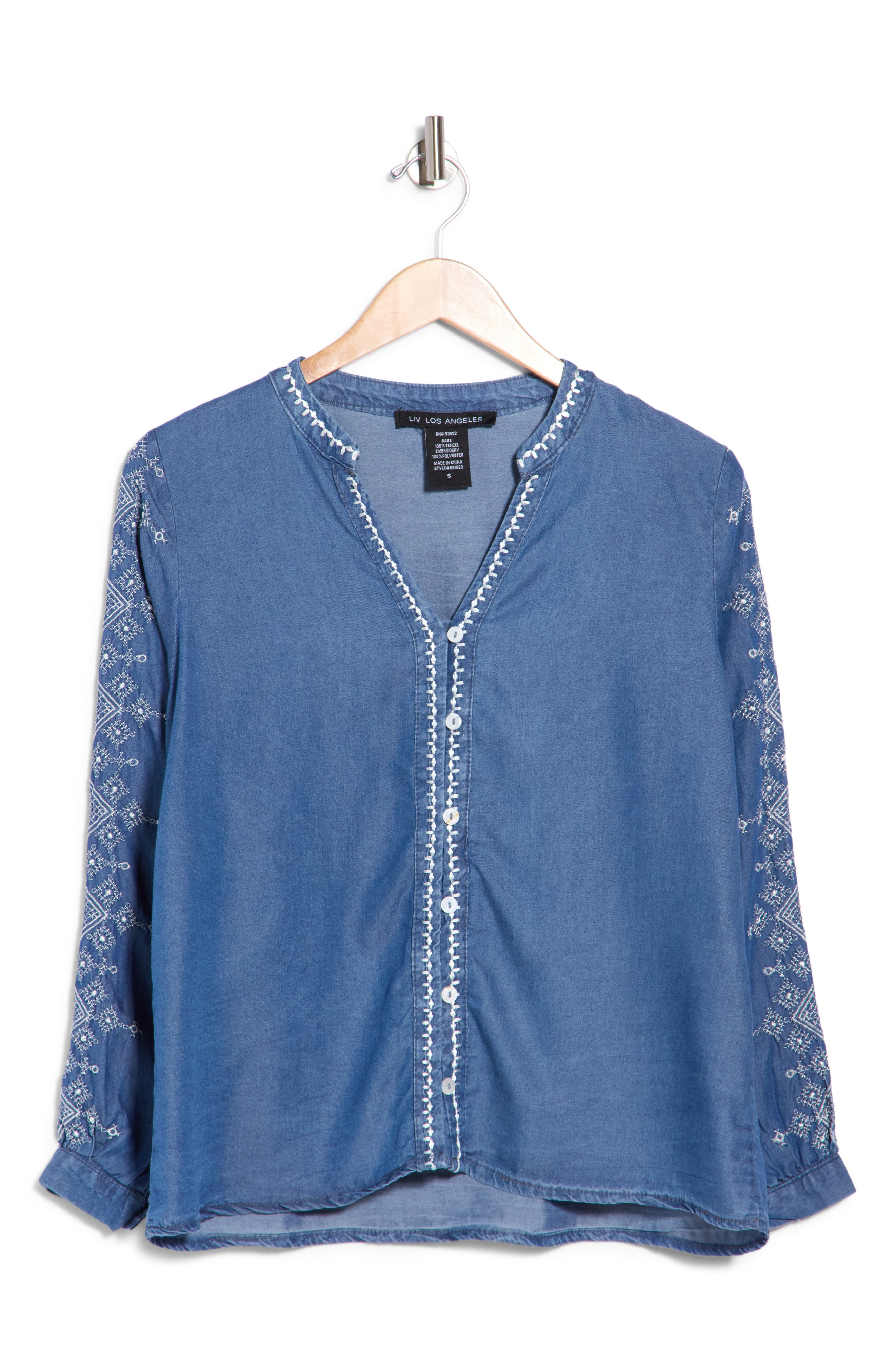 Embroidered Split Neck Tencel Lyocell Top