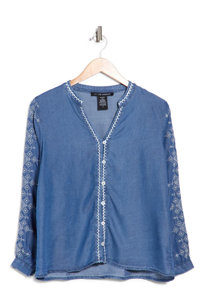 Embroidered Split Neck Tencel Lyocell Top, Main, color, DENIM