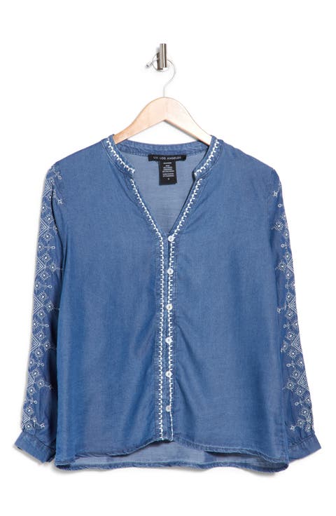 Embroidered Split Neck Tencel Lyocell Top