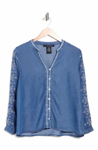 Embroidered Split Neck Tencel Lyocell Top