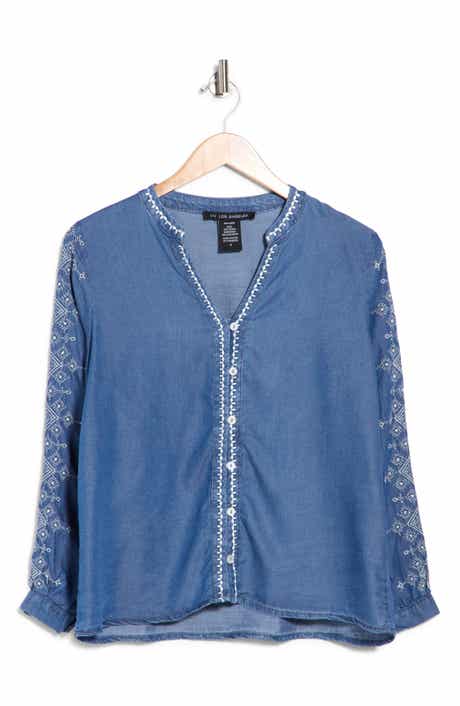 Embroidered Split Neck Tencel Lyocell Top
