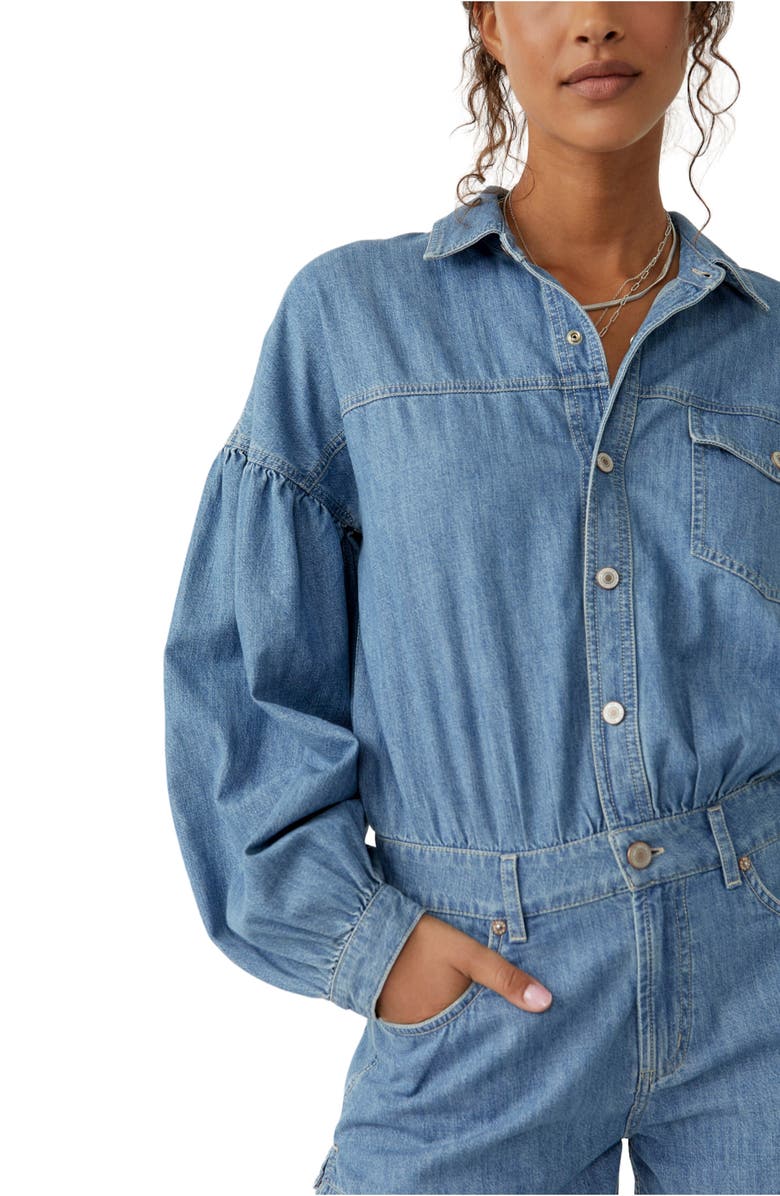 Free People Zodiac Long Sleeve Cotton Chambray Romper, Alternate, color, 