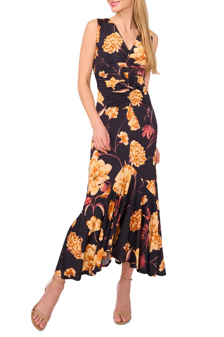 Floral Center Ruched Sleeveless Maxi Dress, Main, color, BARITONE BLUE
