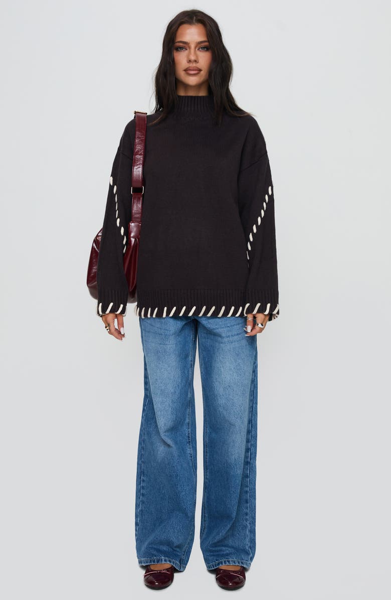 Princess Polly Leizure Whipstitch Trim Turtleneck Sweater, Alternate, color, Brown