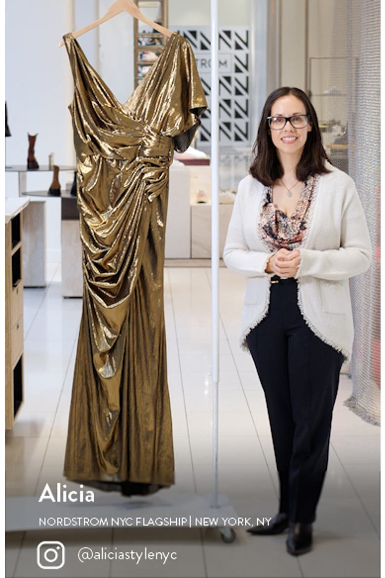 Women's Asymmetrical Draped Metallic Trumpet Gown video