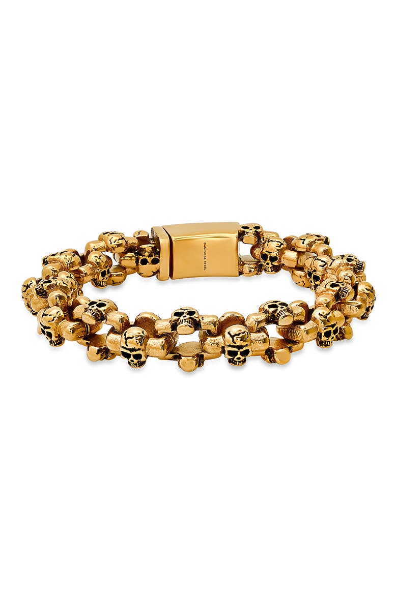 Men's 18K Gold Plated Stainless Steel Skull Link Bracelet, Main, color, GOLD