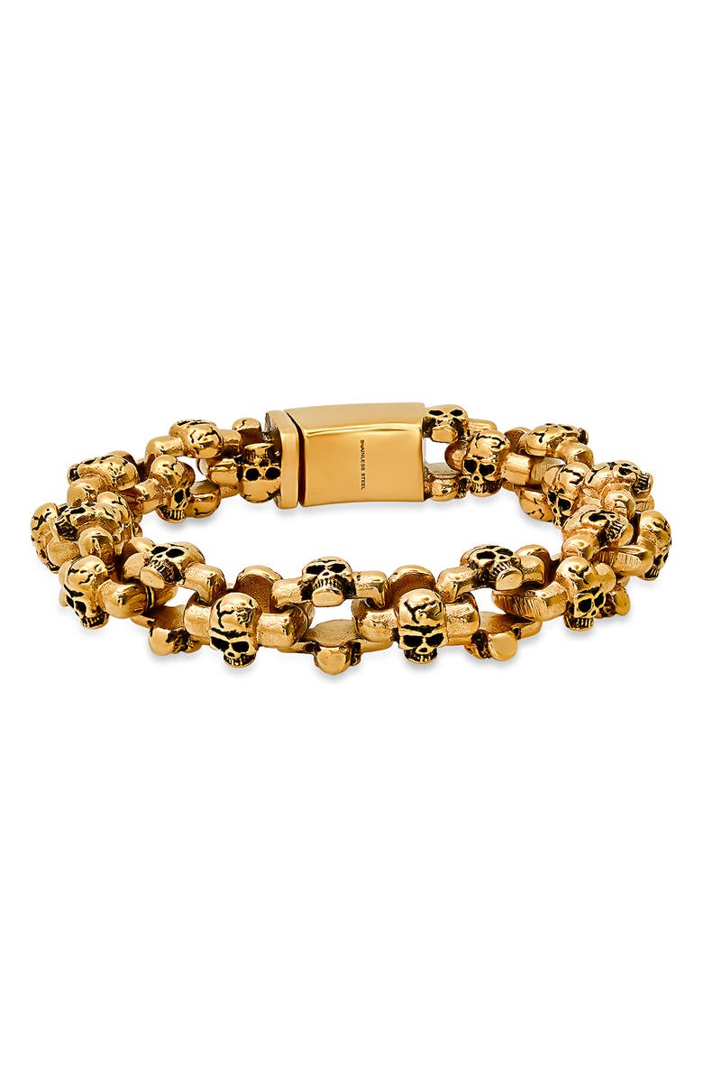 HMY JEWELRY Men's 18K Gold Plated Stainless Steel Skull Link Bracelet, Main, color, Gold